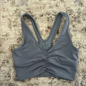 ALO Yoga Gray Sports Bra with V-Neck and Ruched Detail